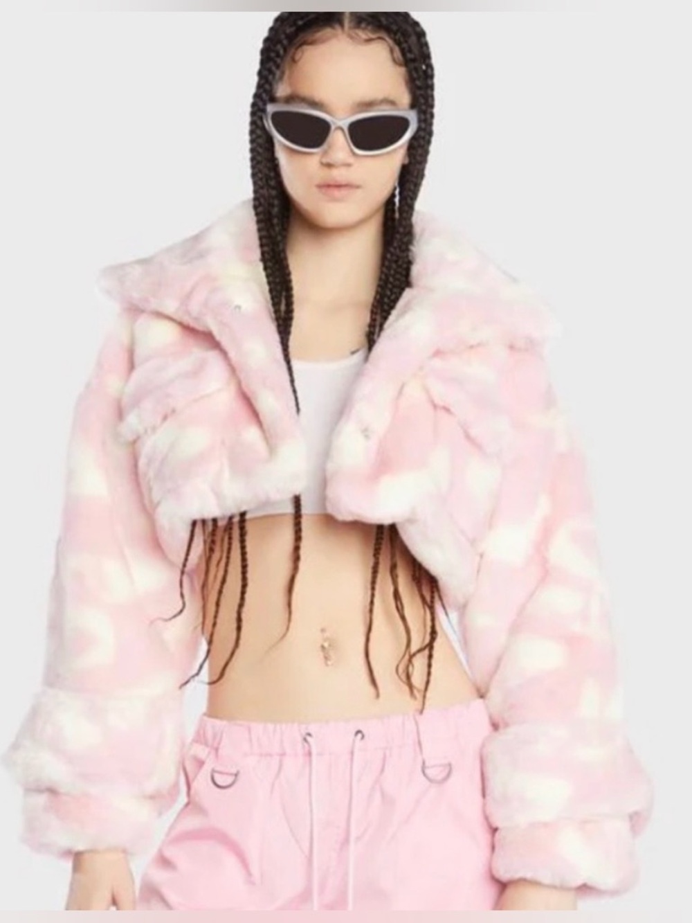 Dolls Kill Namilia Cropped “Teddy” Pink Ivory Faux Fur Jacket Sz M